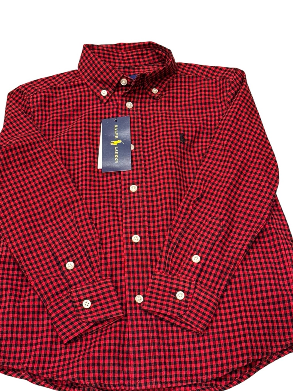 Ralph Lauren Boys Shirt Button Down Red Black Gingham Pony Logo NWT Size 5